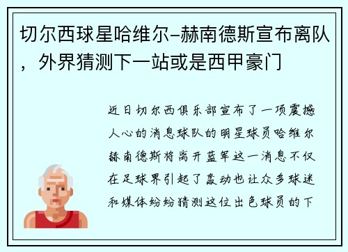 切尔西球星哈维尔-赫南德斯宣布离队，外界猜测下一站或是西甲豪门